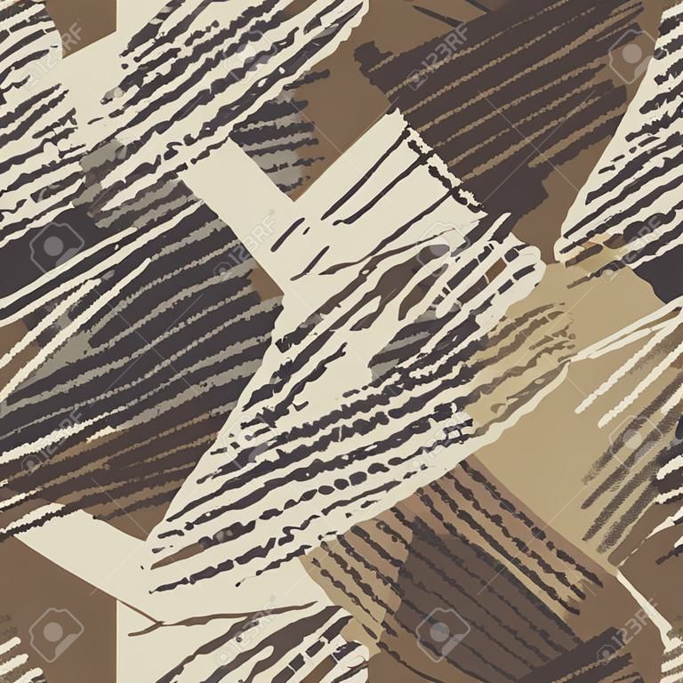 Hatch Tarnung, modernes Modedesign. Handgezeichnete Camouflage mit Bleistiftstrichen. Grunge-Muster. Brauner Hintergrund, modischer Stoff. Textildruck. Vektor nahtlose abstrakte Textur.