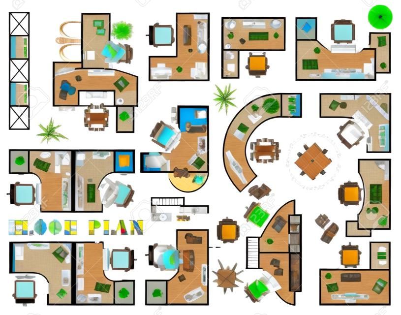 Floor plan of office or cabinet in top view. Desks (working table), chairs, computers, reception and other modular system of office equipment. Furniture icons in view from above. Vector