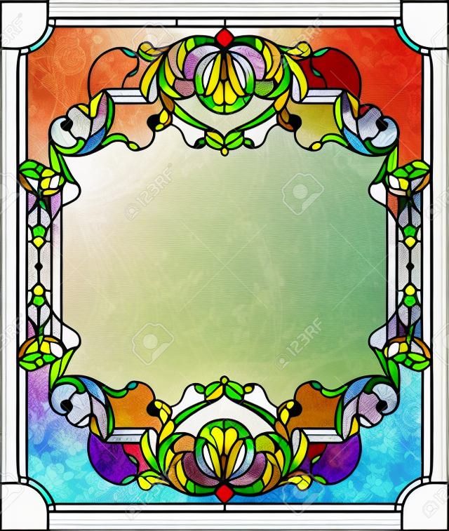 Stained-glass window decoration panel in a rectangular frame, abstract floral arrangement of buds and leaves in the baroque style. Stained glass colorful vector.