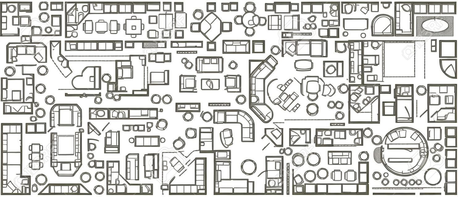Conjunto de vista superior de muebles para plan de apartamentos. El diseño del diseño del apartamento, dibujo técnico. Icono interior para baños, sala de estar, cocina, dormitorio, pasillo. Ilustración vectorial.