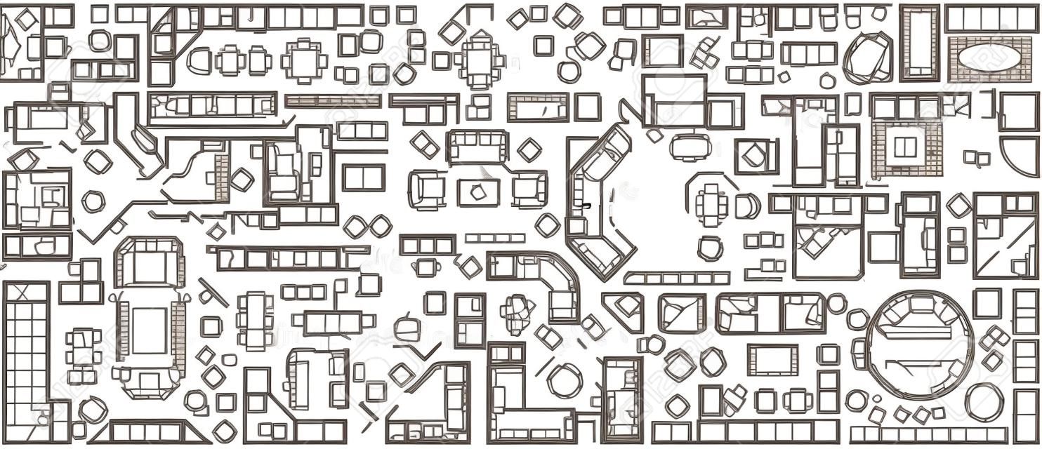 Conjunto de mobiliário vista superior para plano de apartamentos. O layout do design do apartamento, desenho técnico. cone interior para banheiros, sala de estar, cozinha, quarto, corredor. Ilustração vetorial.