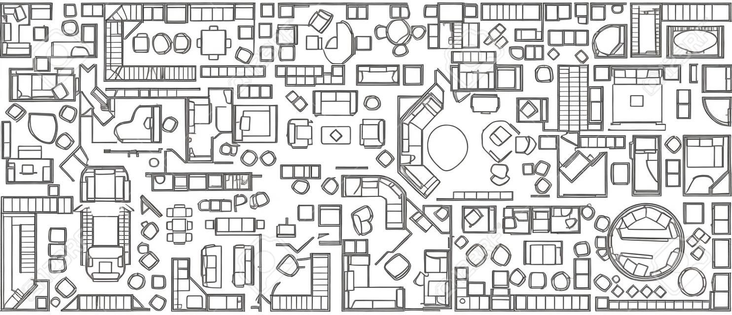 Set van meubilair top uitzicht voor appartementen plan. De indeling van het appartement ontwerp, technische tekening. Interieur pictogram voor badkamers, woonkamer, keuken, slaapkamer, hal. Vector illustratie.