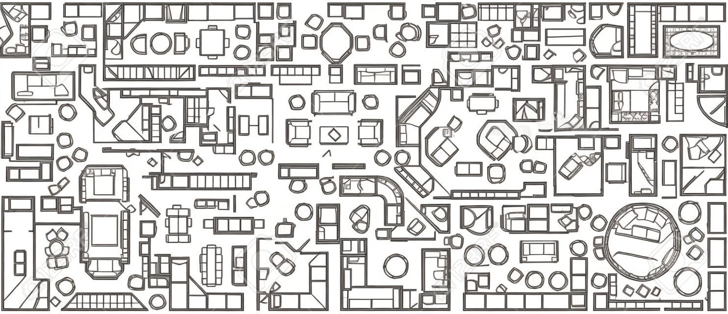 Set di mobili vista dall'alto per il piano degli appartamenti. Il layout del design dell'appartamento, disegno tecnico. Icona interna per bagni, soggiorno, cucina, camera da letto, corridoio. Illustrazione vettoriale.