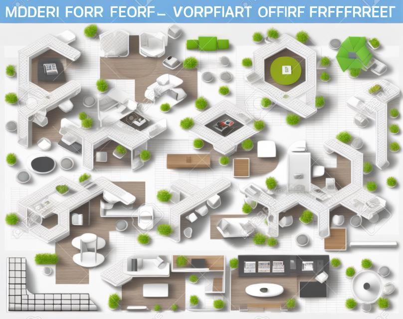 Modern office furniture icons in top view, vector floor plan collection. Contemporary workplace interior design elements. Desks with chairs, working person and computers for working space.
