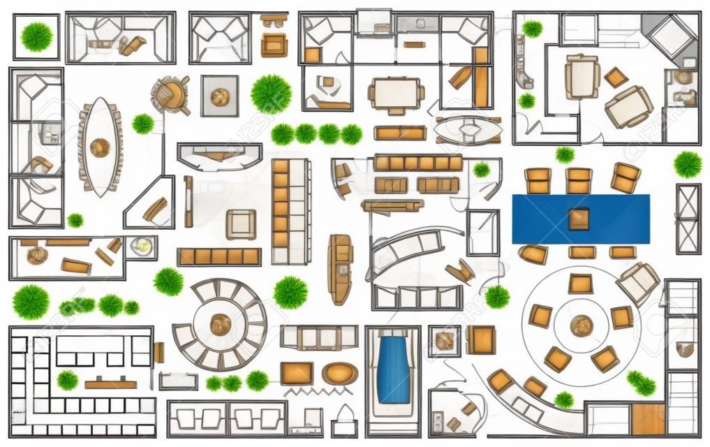Floor plan icons set for design interior and architectural project (view from above). Furniture thin line icon in top view for layout. Blueprint apartment. Vector