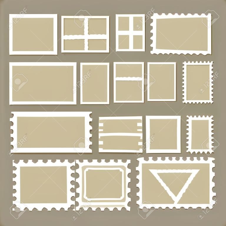 Rectángulo en blanco y sellos postales cuadrados, con una sombra aislada sobre fondo beige. Símbolo de marca de papel de plantilla vacía de la correspondencia de entrega. Borde de marco vectorial