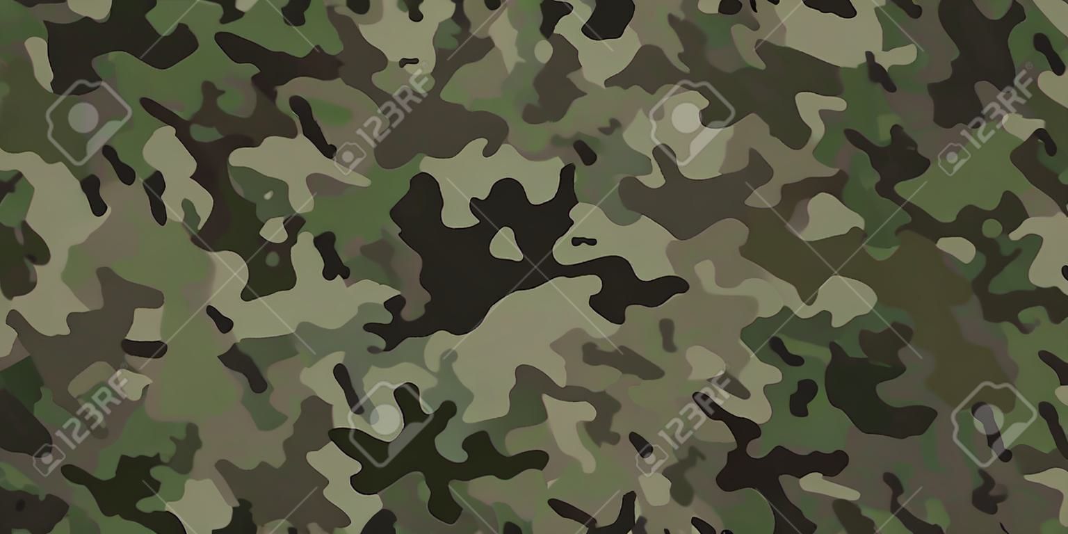 Fundo padrão camuflagem, ilustração vetorial sem emenda. Clássico estilo de roupa militar. Mascarando camuflagem repetir impressão. Textura khaki verde escuro.