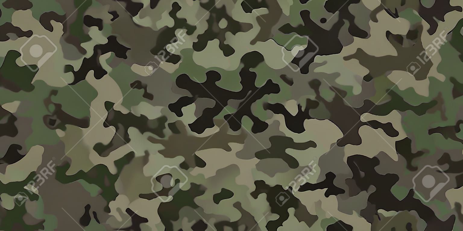 Fundo padrão camuflagem, ilustração vetorial sem emenda. Clássico estilo de roupa militar. Mascarando camuflagem repetir impressão. Textura khaki verde escuro.