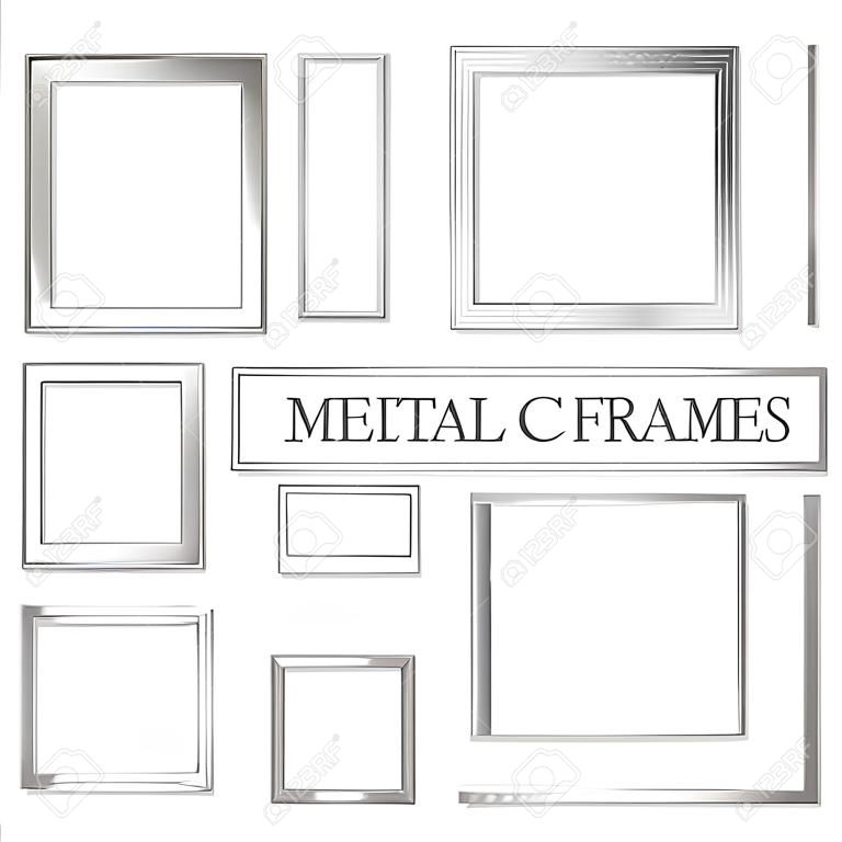 Metal frames set with shadows isolated on white background. Pack of silver luxury realistic square, rectangular borders. Vector illustration