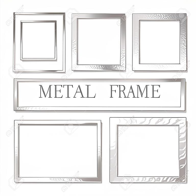 Metal frames set with shadows isolated on white background. Pack of silver luxury realistic square, rectangular borders. Vector illustration