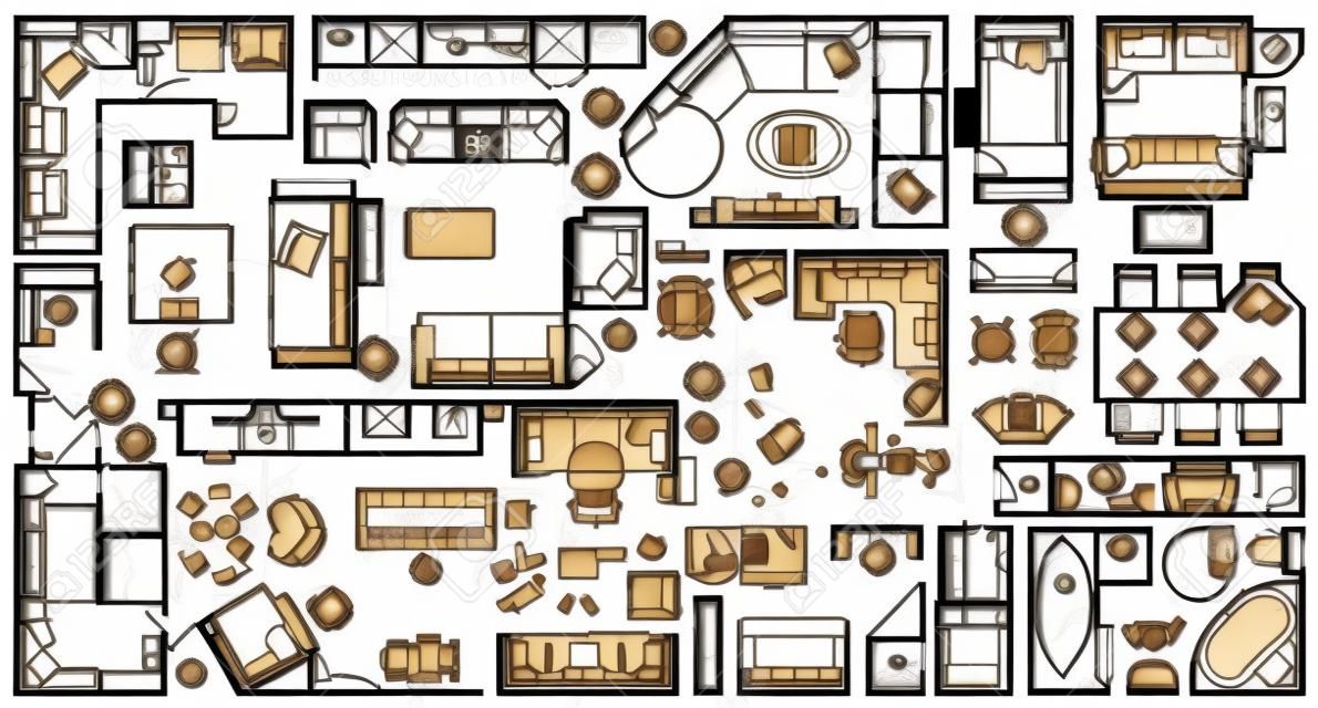 設計インテリアと建築プロジェクト(上からのビュー)に設定された平面図アイコン。レイアウトの上のビューに家具の細い線のアイコン。ブループリントアパートメント。ベクトル