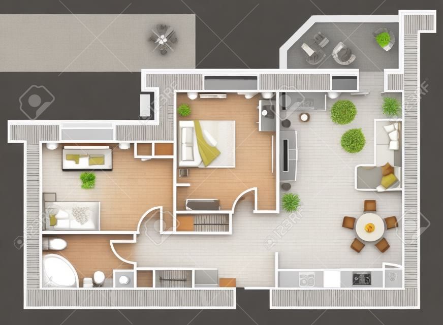 Plan mieszkania wraz z meblami aranżacyjnymi. Rysunek architektoniczny domu (widok z góry). Rzut aranżacji wnętrz z góry. Układ wektorowy