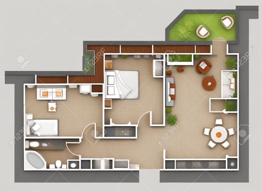 Planejamento do apartamento com mobiliário de arranjo. Desenho arquitetônico da casa (vista superior). Plano de piso de design de interiores a partir de cima.