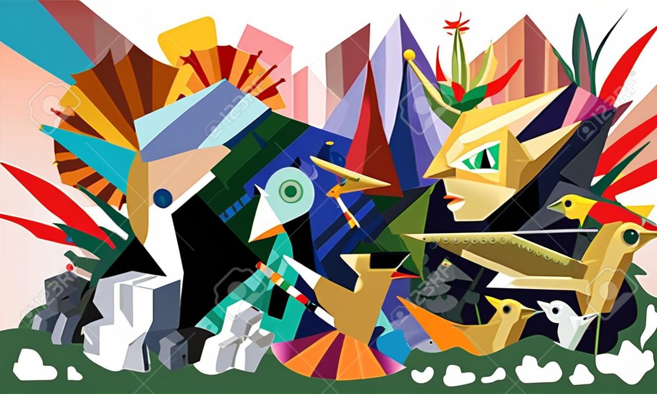 Pintura abstracta estilo cubismo. Afiche de diseño gráfico con forma abstracta de aves, personas y plantas. Arte Moderno. Impresión de graffiti vectorial