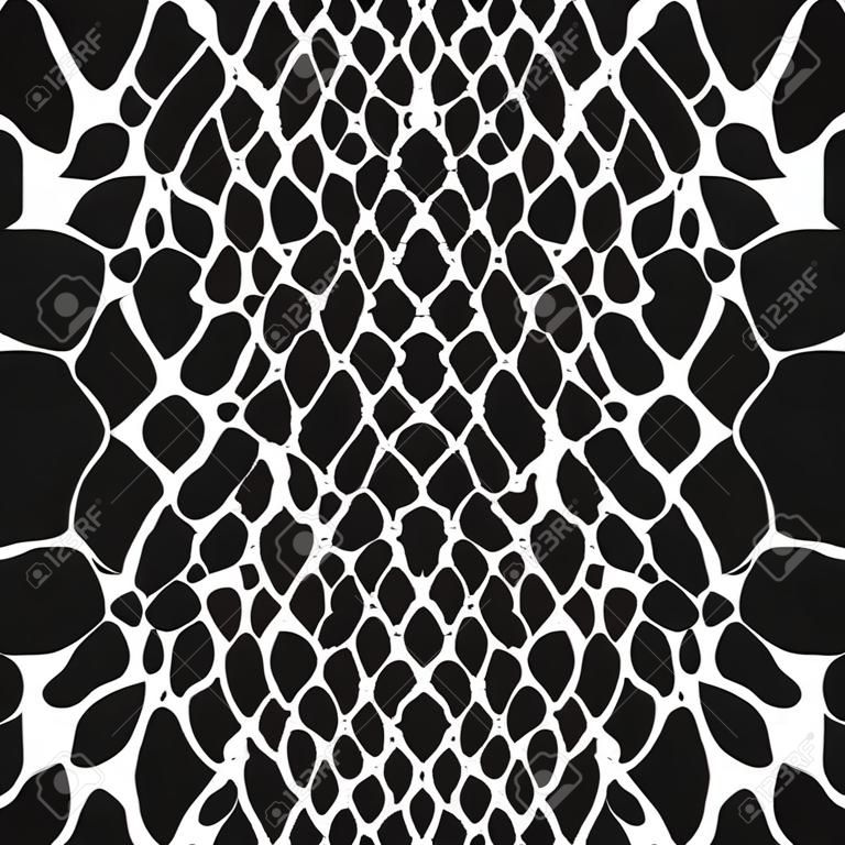 Reptiel of slangenhuid. Dierenprint, gevlekt oppervlak monochrome zwarte achtergrond. Vector naadloze textuur