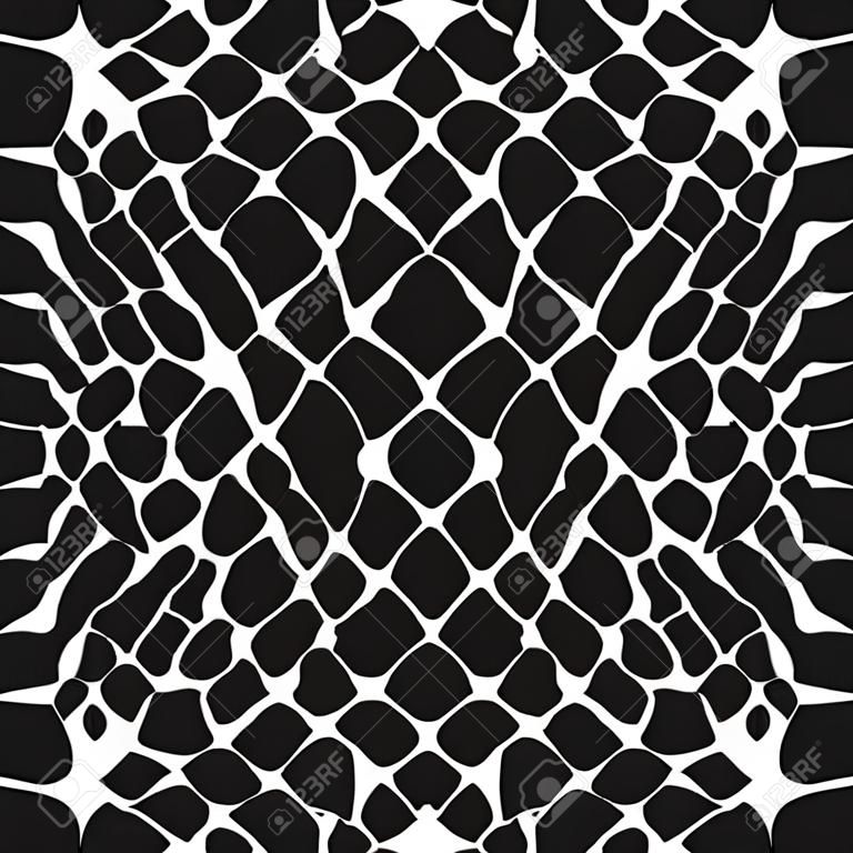Reptiel of slangenhuid. Dierenprint, gevlekt oppervlak monochrome zwarte achtergrond. Vector naadloze textuur