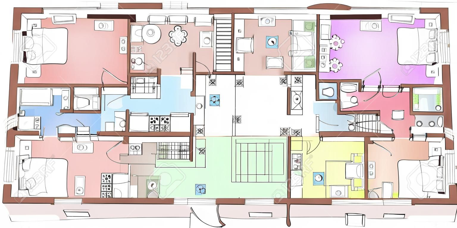 Typischer Grundriss in Draufsicht. Standardset von Möbelsymbolen für die Wohnungsanordnung. Vektorarchitekturpläne. Hausplanung, Wohnzimmer, Küche, Bad und Schlafzimmeransicht von oben.