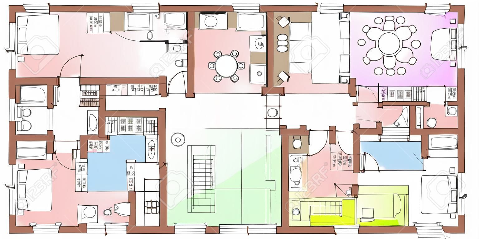 Typischer Grundriss in Draufsicht. Standardset von Möbelsymbolen für die Wohnungsanordnung. Vektorarchitekturpläne. Hausplanung, Wohnzimmer, Küche, Bad und Schlafzimmeransicht von oben.