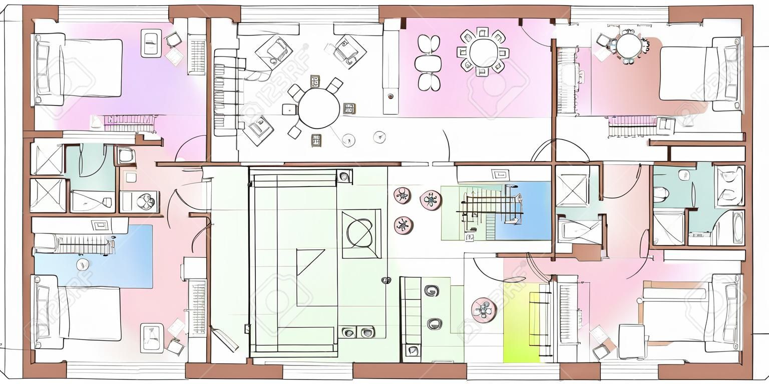 Pianta tipica in vista dall'alto. Set standard di icone di mobili per la disposizione degli appartamenti. Piani architettonici vettoriali. Pianificazione della casa, soggiorno, cucina, bagno e camera da letto vista dall'alto.