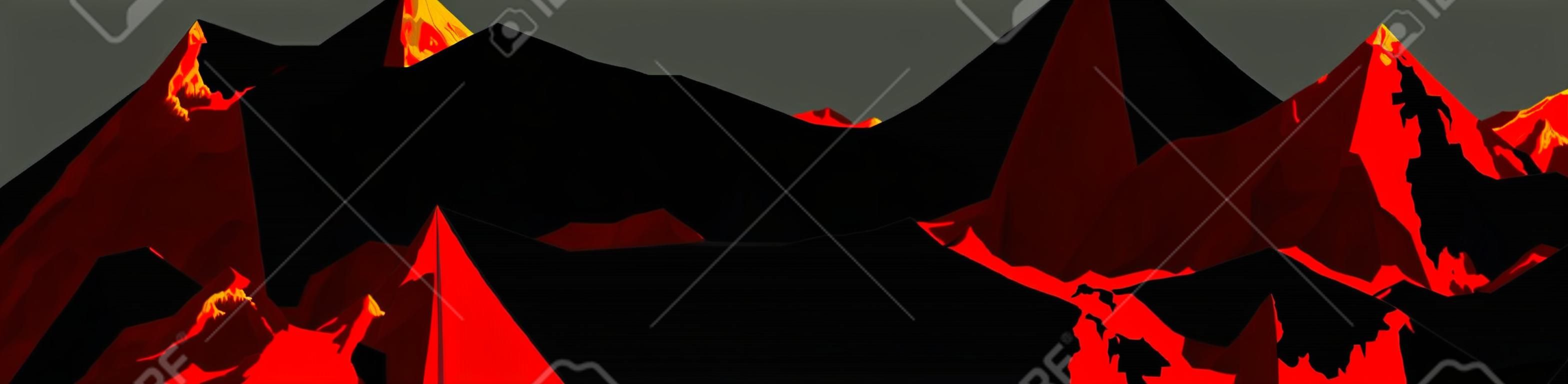 Abstract  of mountain ranges, volcano with lava landscape, red and black tones. Vector background