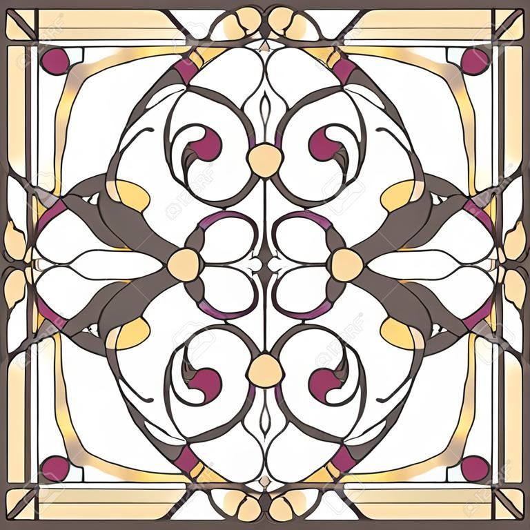 Ceiling panels stained glass window. Abstract Flower, swirls and leaves in square frame, geometric ornament, symmetric composition, stained glass tiffany technique, classic style. Vector