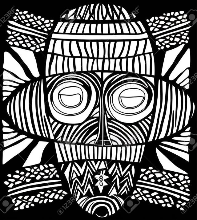 Ethnic tribal mask. traditional ritual mask native shamans of ancient tribes and religions Voodoo Africa, America and Australia. Black and white hand drawn vector illustration.