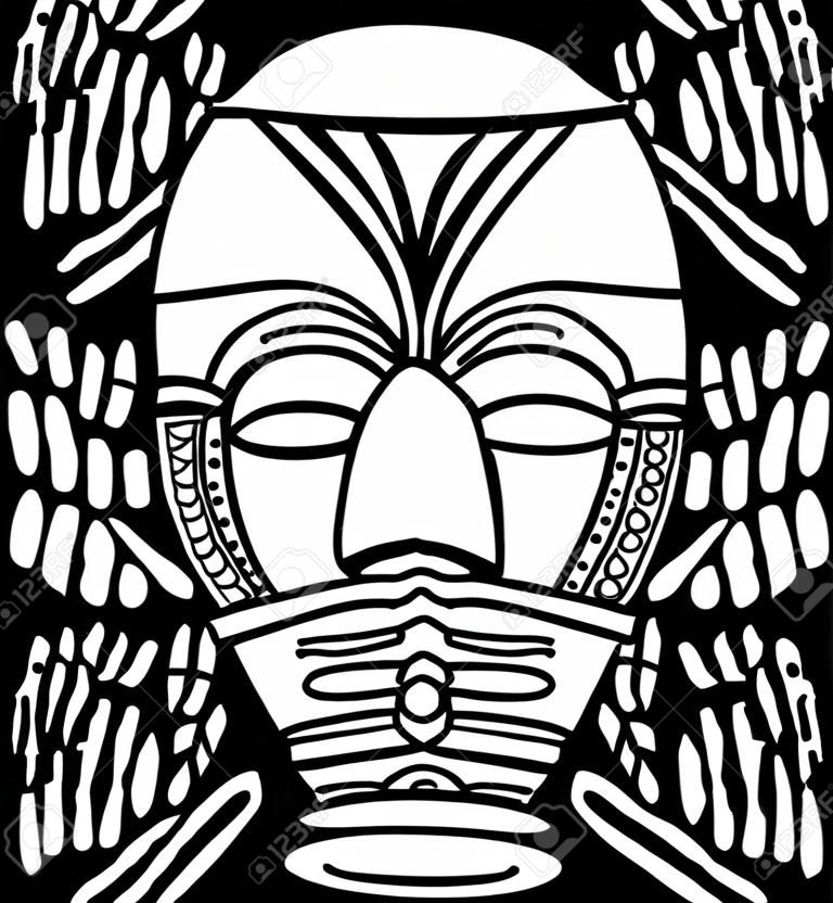 민족 부족 마스크입니다. 전통적인 의식 마스크 고대 부족과 종교의 원주민 샤먼 부두교 아프리카, 미국 및 호주. 흑인과 백인 손으로 그린 벡터 일러스트 레이 션.