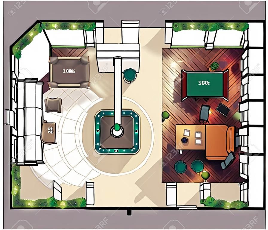 Architectural colorful floor plan of interior working cabinet, modern office, in top view.