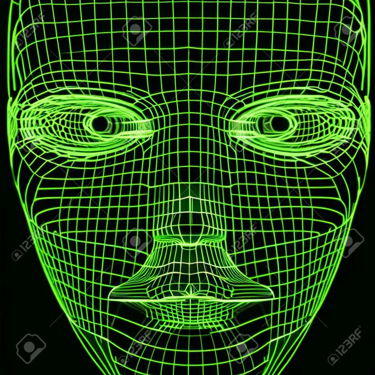 Virtual reality concept. Artificial intelligence. The human face of wireframe, front view. Future science with modern technology. 3D render illustration.