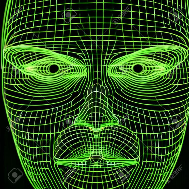 バーチャルリアリティの概念。人工知能。ワイヤーフレームの人間の顔、正面図。現代技術による未来の科学。 3Dレンダリングイラスト。
