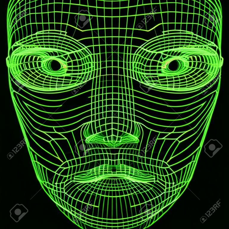 バーチャルリアリティの概念。人工知能。ワイヤーフレームの人間の顔、正面図。現代技術による未来の科学。 3Dレンダリングイラスト。