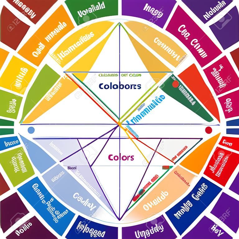 Studies of colors, names of colors in the color wheel. Harmony of color contrasts and combination. Oswald's Circle for Colorism. Vector scheme