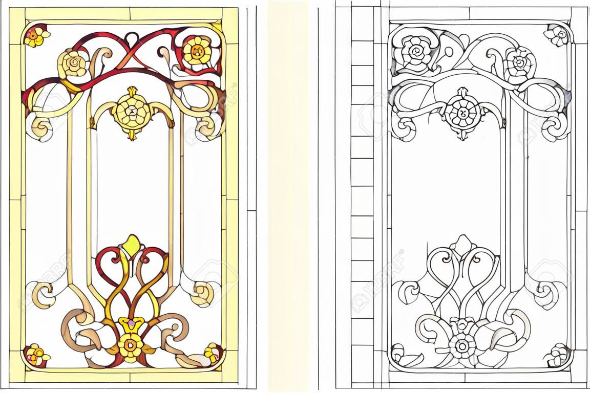 Stained glass window in baroque style for ceiling or door panels. Tiffany technique. Abstract glass panels, floral pattern in a rectangular frame. Detailed vector set.