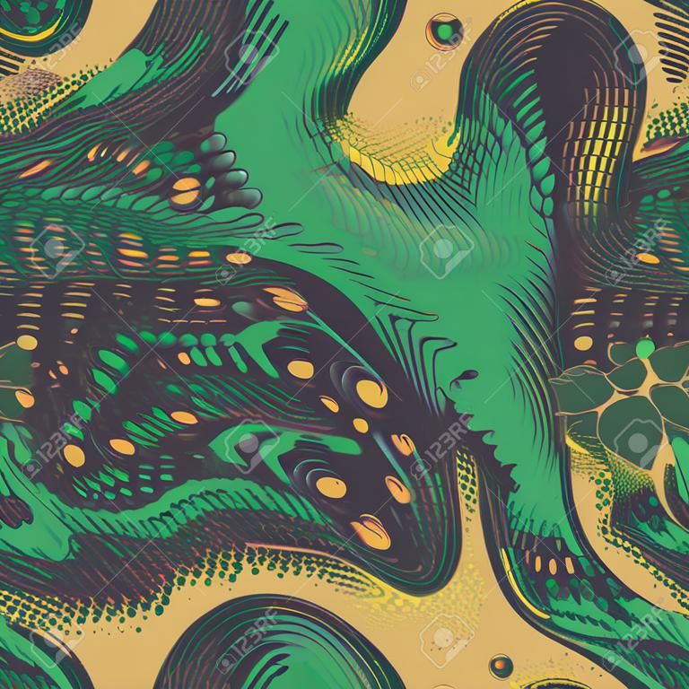Alien seamless camo background. Techno wallpapers. Chameleon camouflage extraterrestrial pattern. Digital fantastic illustration