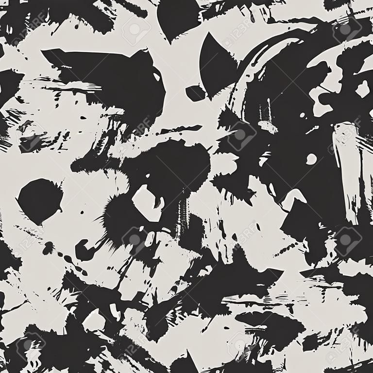 Blots camo seamless background. Chaotic monochrome pattern of paint splashes spots. Vector hand drawn camouflage texture for printing on fabric. Grunge black and white ink wallpaper