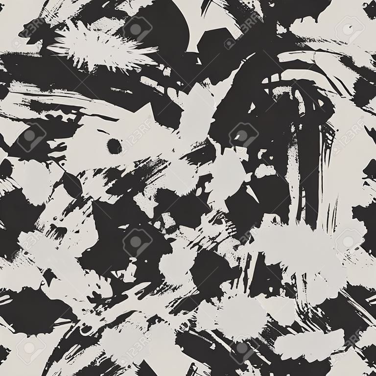 Blots camo seamless background. Chaotic monochrome pattern of paint splashes spots. Vector hand drawn camouflage texture for printing on fabric. Grunge black and white ink wallpaper
