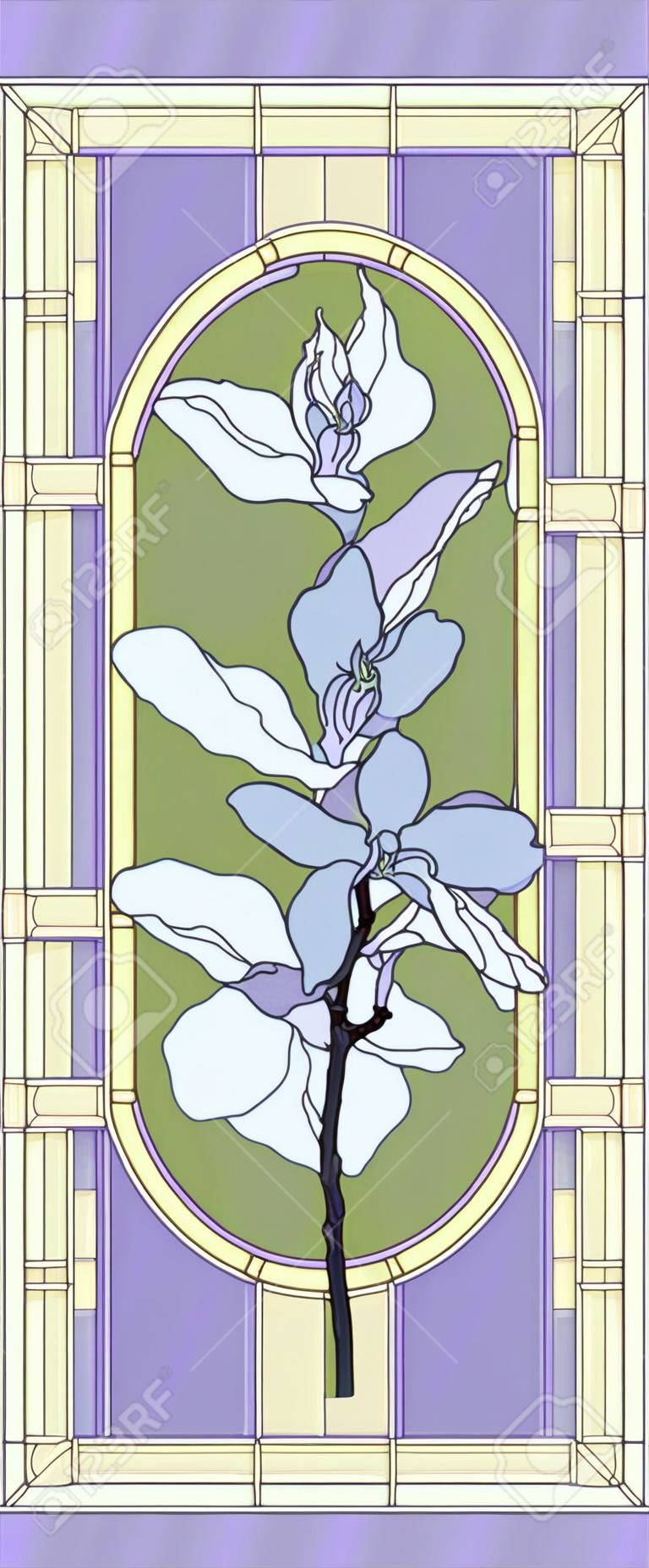 Stained-glass panel in a rectangular frame. Classic window, with orchid, abstract floral arrangement of buds and leaves in the tiffany technique. Window frame border, geometric pattern. Vector