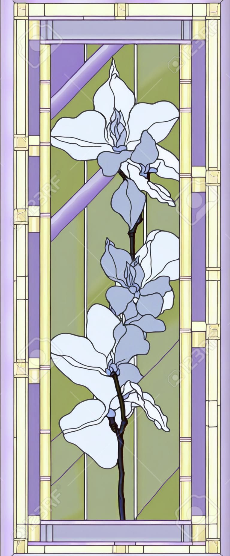 Stained-glass panel in a rectangular frame. Classic window, with orchid, abstract floral arrangement of buds and leaves in the tiffany technique. Window frame border, geometric pattern. Vector