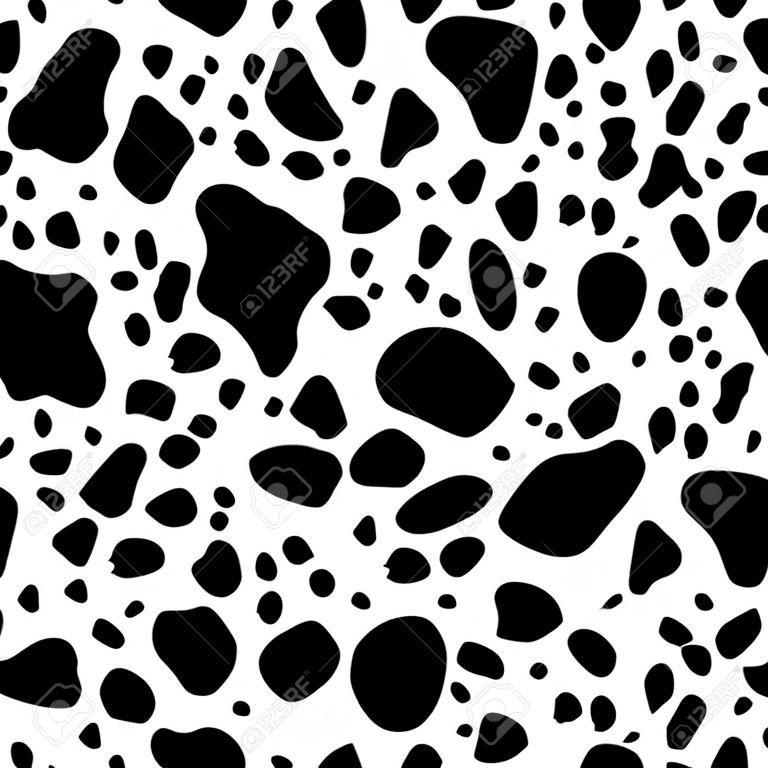 Design mit Kuhhautmuster. Tierdruck. Einfache Kuhflecken, nahtloser Hintergrund. Dalmatinische Hundetextur. Tierfellhaut für Textilien, Oberfläche, Hintergrund, Grafikdesign. Vektor-Illustration
