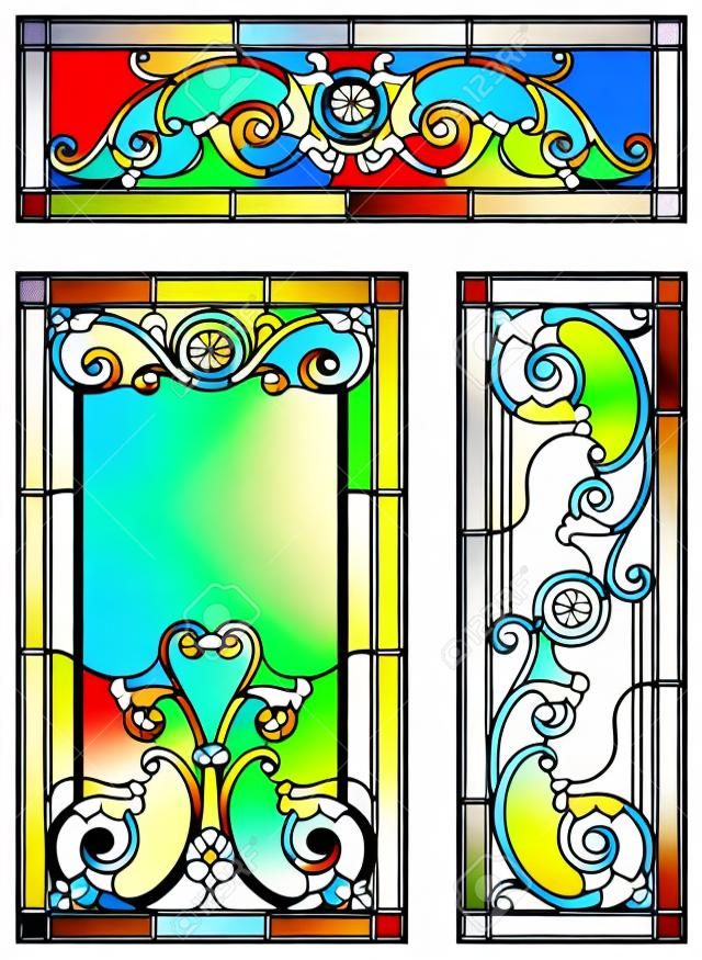 Stained glass set. Abstract geometric floral pattern in a rectangular and square frame. Monochrome stained glass window in classic style for ceiling or door panels, Tiffany technique. Vector set