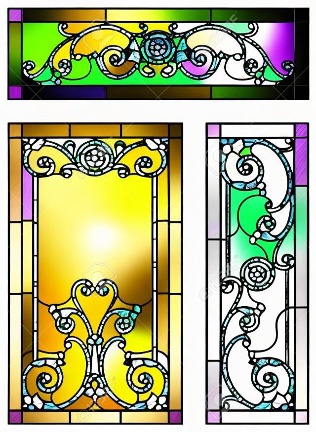 Stained glass set. Abstract geometric floral pattern in a rectangular and square frame. Monochrome stained glass window in classic style for ceiling or door panels, Tiffany technique. Vector set