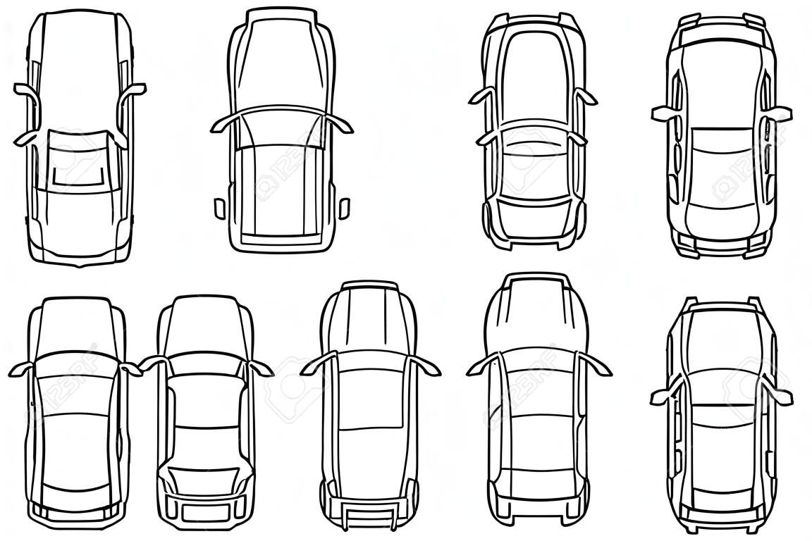 Vehicles for planing architectural entourage. Set of sedan cars in top view outline icon. City transport in above view. Vector automotive collection.
