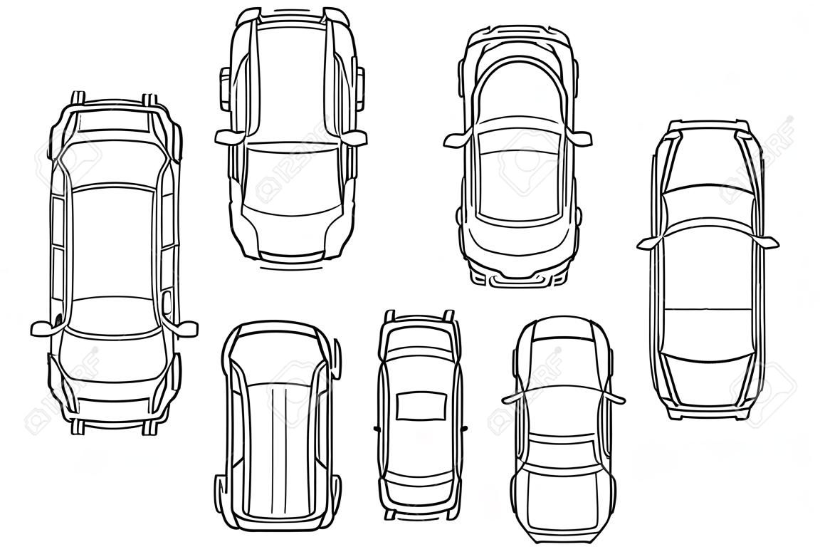 Vehicles for planing architectural entourage. Set of sedan cars in top view outline icon. City transport in above view. Vector automotive collection.