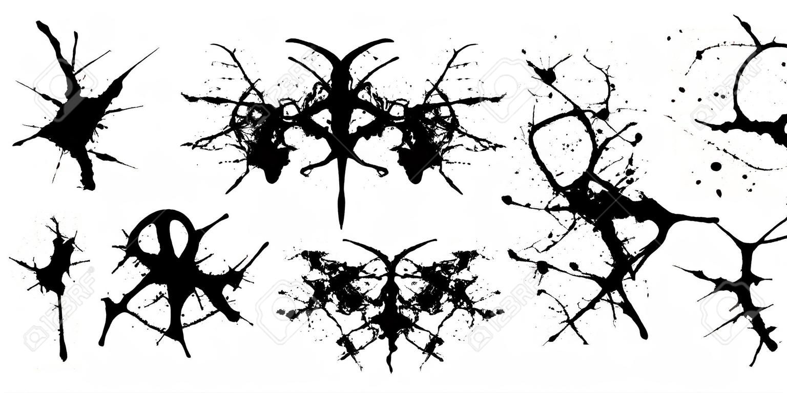 Ink blot for psychiatric evaluations. Rorschach test, black silhouette shapes. Vector set of grunge abstract black spots, droplets, smudges, stains and splashes