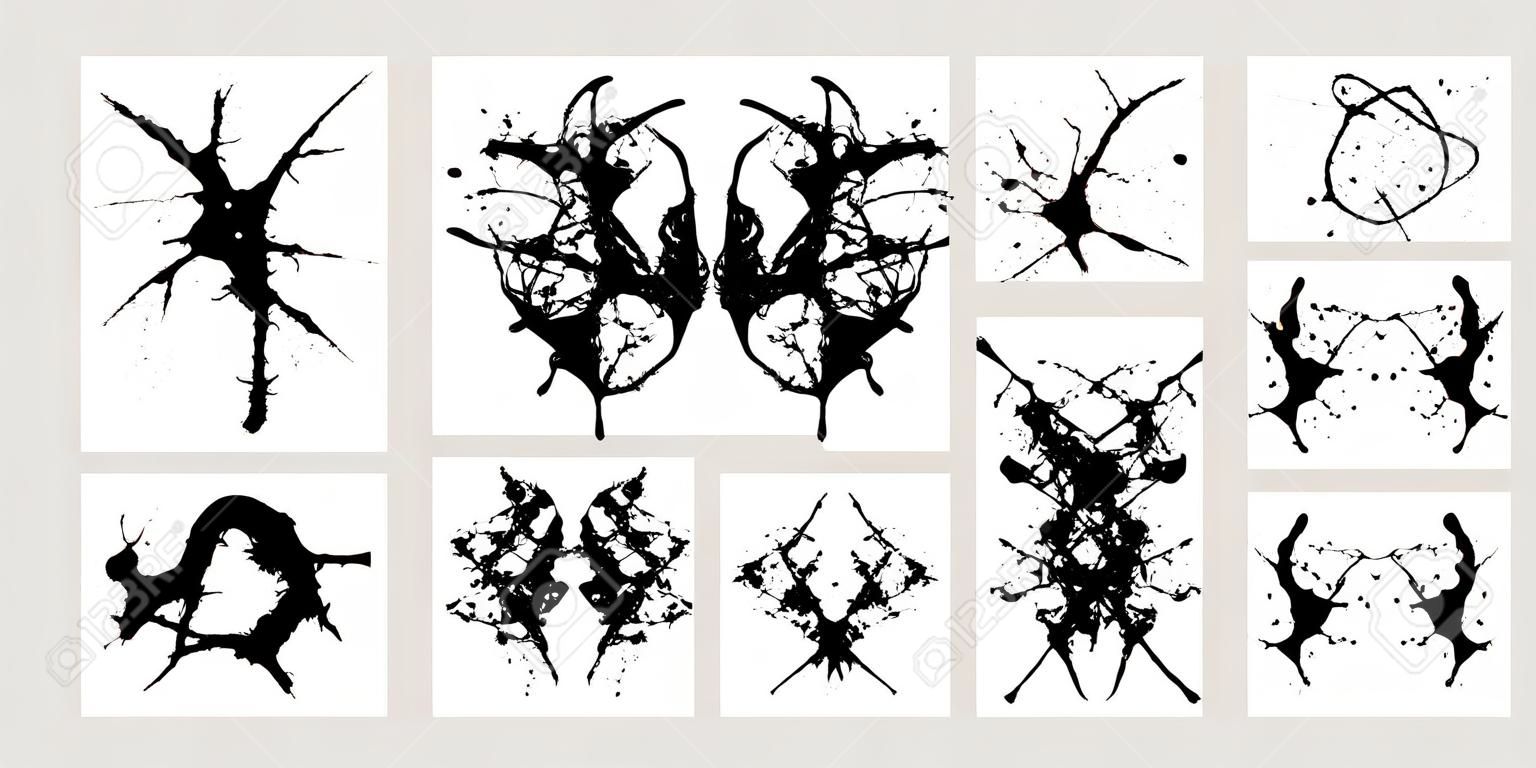 Ink blot for psychiatric evaluations. Rorschach test, black silhouette shapes. Vector set of grunge abstract black spots, droplets, smudges, stains and splashes