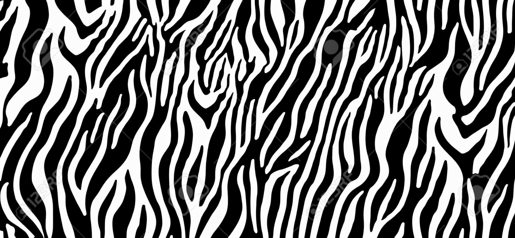얼룩말 모피 반복 질감. 동물 가죽 줄무늬, 정글 월페이퍼. 흑백 원활한 패턴입니다. 삽화