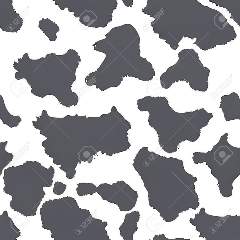 Textura de piel de vaca, punto blanco y negro repetido patrón sin fisuras. Manchas de perro dálmata animal print. Vector