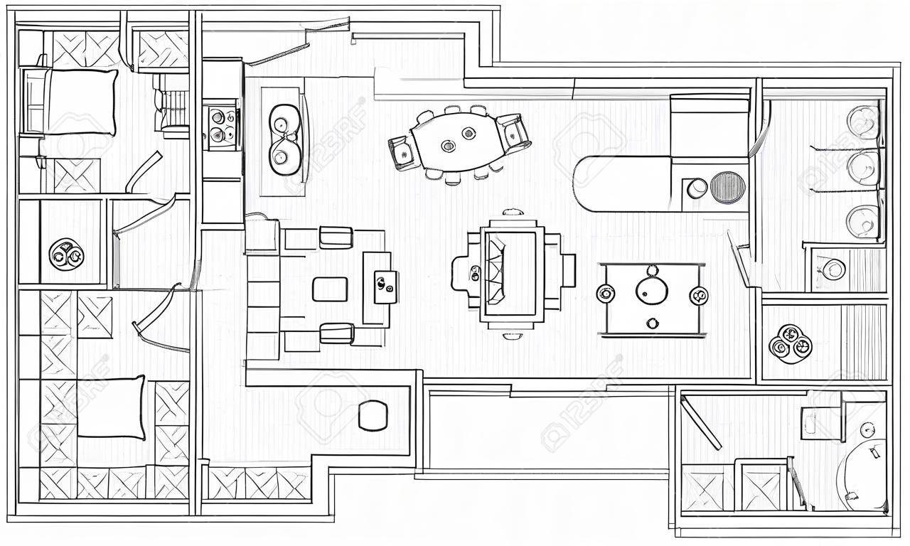 위의 벡터 레이아웃에서 집 평면도 인테리어 디자인 평면도의 배열 가구 건축 도면을 사용하여 아파트 계획