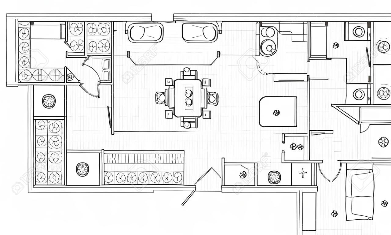 Planning van het appartement met inrichting meubels. Architectural tekening van het huis (bovenaanzicht). Interieur ontwerp plattegrond van bovenaf. Vector indeling