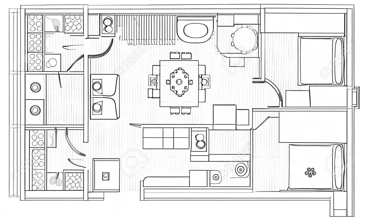 Planning van het appartement met inrichting meubels. Architectural tekening van het huis (bovenaanzicht). Interieur ontwerp plattegrond van bovenaf. Vector indeling